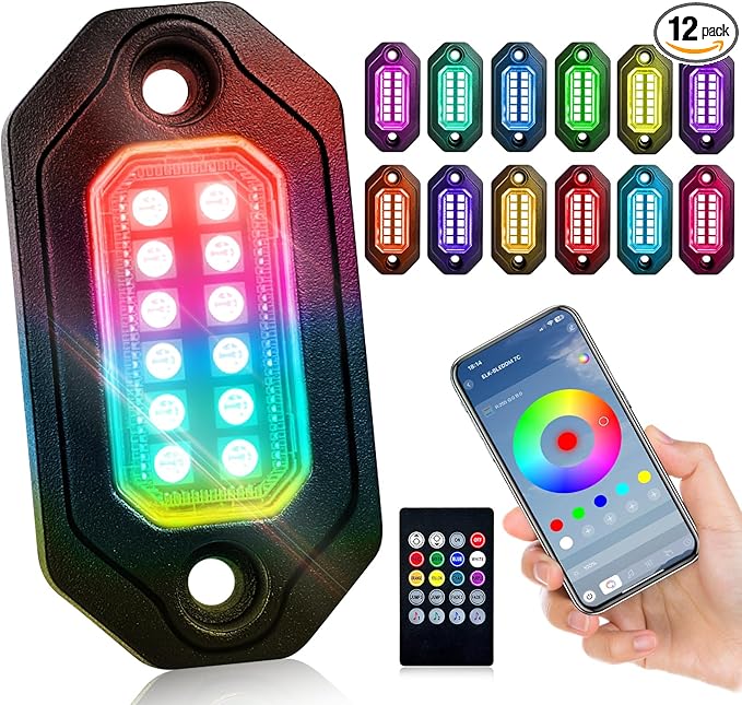 RGB LED Rock Lights Kit, 12 pods Multicolor Neon Light with Bluetooth App/Remote Control Flashing Music Mode, Aluminum Metal, IP68 Waterproof, 12v for Truck ATV UTV SUV