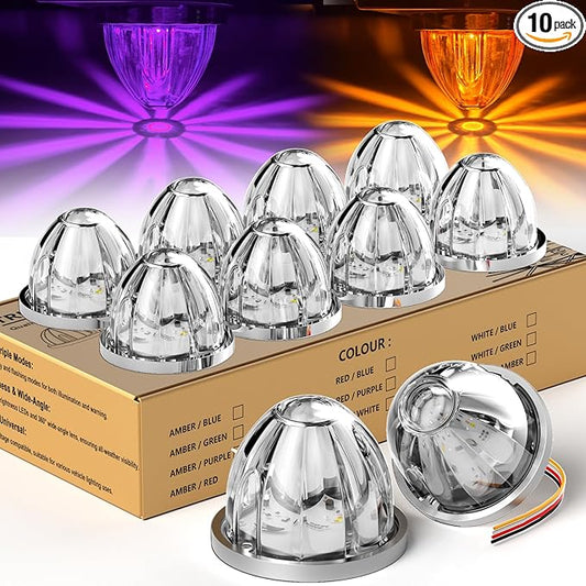 10-Pack Dual Color Watermelon Lights LED Strobe & Steady Cab Roof Clearance Marker Warning Lights Amber Purple Side Marker Lamp with Bezel for Truck Trailer RV Off-Road Vehicle