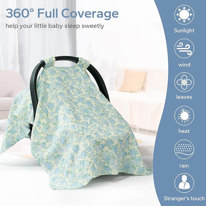 SERAPHY 100% Muslin Cotton Car Seat Cover Baby, 2 Pack Universal Carseat Covers Baby Boy Girl, Breathable Car Seat Canopy, Soft Infant Car Seat Cover for Summer and Winter—2 Pcs Blue&Flowers