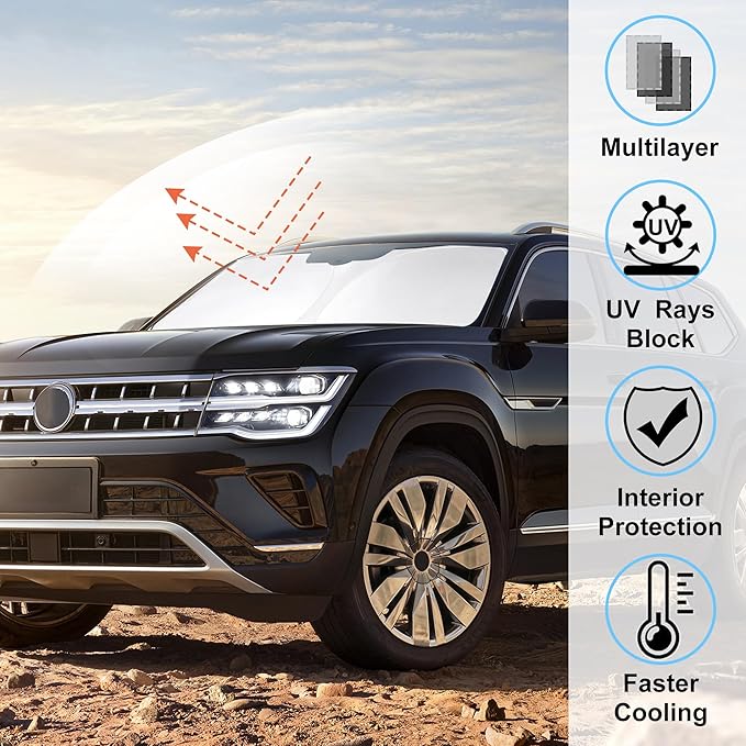 Windshield Sun Shade for 2018-2024 2025 2026 Volkswagen Atlas VW Atlas Cross Sport Accessories Front Window Sunshade Shield Keep Your Car Interior Cooler