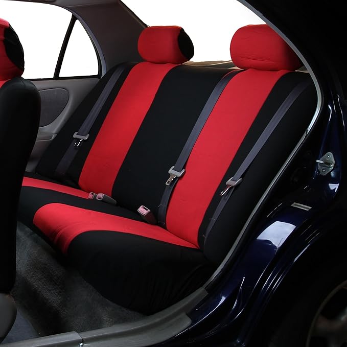 FH Group Car Seat Covers Flat Cloth Automotive Red Full Set, Rear Solid Bench Universal Fit Combo Steering Wheel Cover & Seat Belt Pads Car Seat Protector for Cars Trucks SUV Interior Accessories