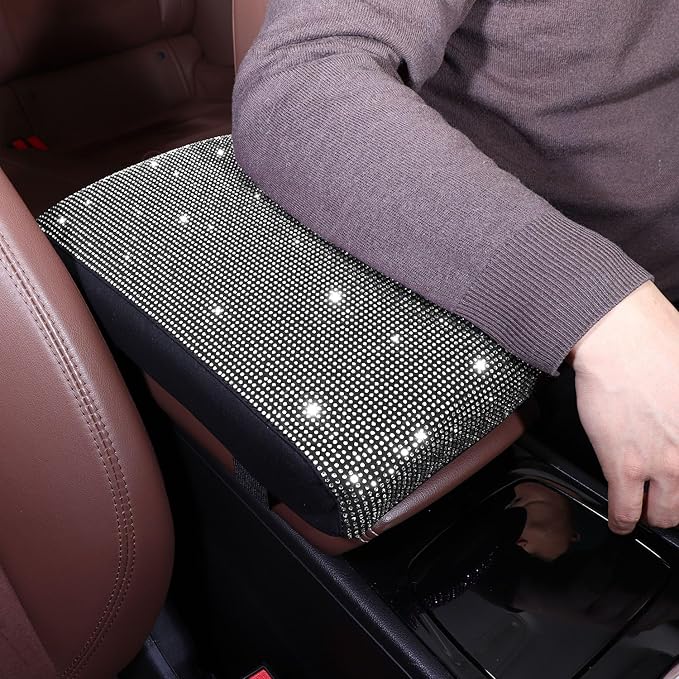 Bling Car Armrest Cover with Memory Foam Cushion Pad & Rhinestones, Universal Diamond Center Console Cover for Cars, Bling Middle Console Cover, Bling Car Accessories for Women, White