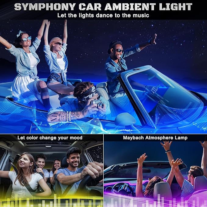 RGB Acrylic Interior Car LED Strip Light with Wireless APP, 18 in 1 with 175 inches 593 LEDs Neon LED Strip Light, 16 Million Colors Dynamic Music Sync Car Ambient Lighting Kits