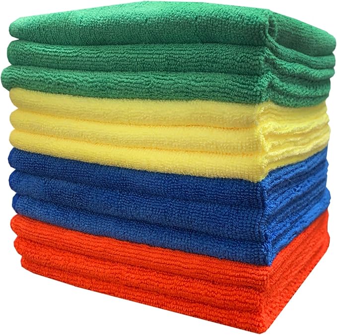 CleanAide Ultra-Absorbent 300 GSM Microfiber Towels for Auto Detailing, Home & Commercial Cleaning, Streak-Free, Lint-Free, Reusable & Machine Washable, 4 Colors for Organization,16x16 Inch, 12-Pack