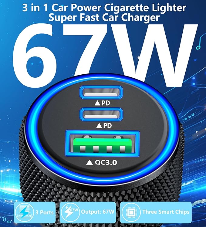 [Apple MFi Certified] iPhone 17 Car Charger Fast Charging, KYOHAYA 3-Port 67W PD/QC Car Power Adapter USB-C Charger Cigarette Lighter + Type-C Braided Cord for iPhone 17/17 Pro/16 Pro/15/Galaxy/Pixel