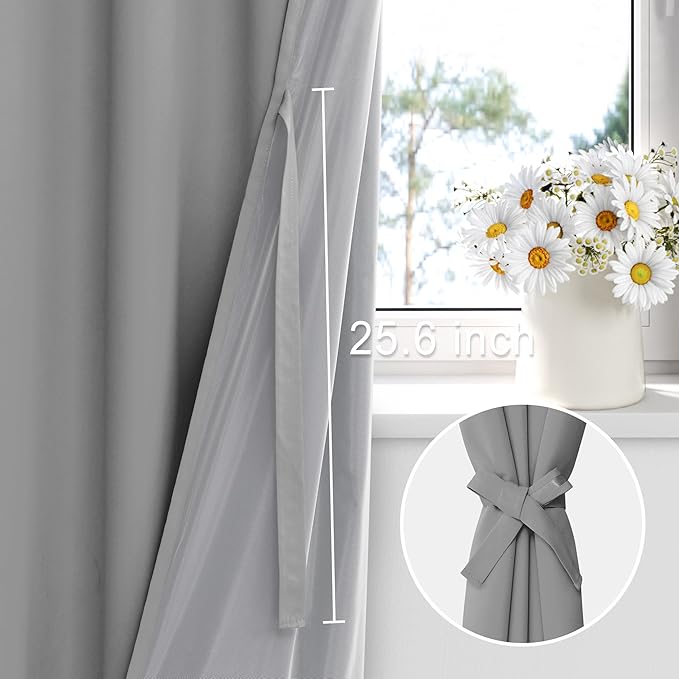 XWZO Full Shading Blackout Curtains 54 Inches Length with Tiebacks- Heat and Light Blocking Ring Top Window Drapes with Black Liner Backing for Bedroom/Kid's Room, Light Grey, W52 x L54, Set of 2