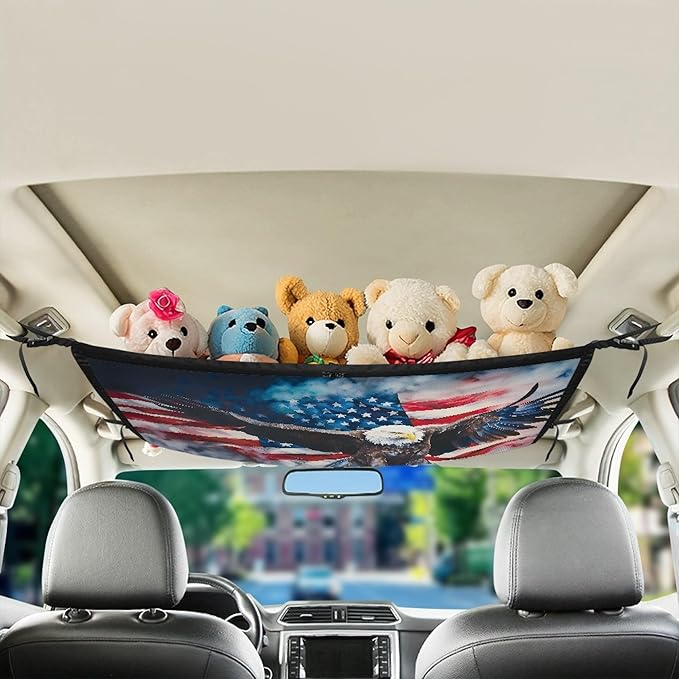 NDISTIN Eagle Car Ceiling Cargo Net Pocket with Zipper Quick Release Buckle Car Roof Cargo Net American Flag Overhead Cargo Storage for SUV Van Truck Anti-Fall Auto Accessory