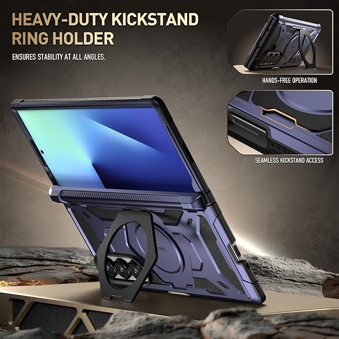 Poetic Spartan for Samsung Galaxy Z Fold 7 Case, [Hinge Protection][Magnetic Ring Adjustable Stand][Built-in Screen Protector][Compatible with MagSafe] Full-Body Rugged Phone Case, Midnight Blue