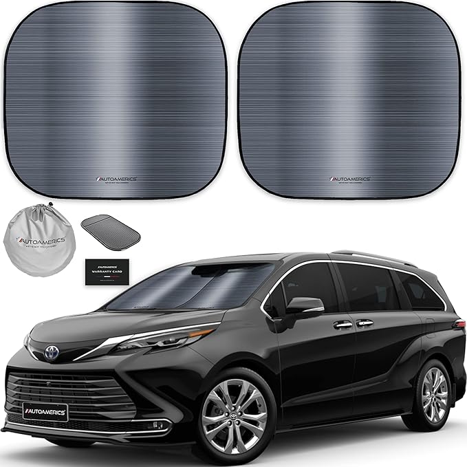 Autoamerics 2-Piece Windshield Sun Shade - Metallic Gray Foldable Car Front Window Sunshade for Most Cars SUV Truck Heat Blocker Visor Protector Blocks Max UV Rays and Keeps Your Vehicle Cool - Large
