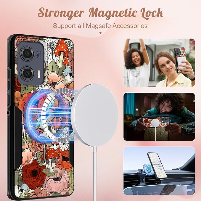 for Moto Edge 2024 Case - Compatible with MagSafe Women Girls Cute Magnetic Protective Phone Cover Girly Kawaii Mushroom Flower Heavy Duty Shockproof Design for Motorola Moto Edge 2024 Cases