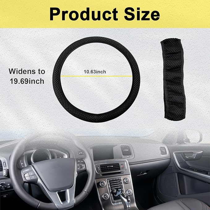 Kewucn Car Elastic Stretch Steering Wheel Cover, Soft Microfiber Breathable Ice Silk, Universal 15 Inch Anti-Slip Auto Steering Wheel Protector, Fit Car, SUV, Van, Sedan, Truck (Black)