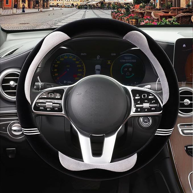 Furry Cute Steering Wheel Cover, Soft Fluffy Short Plush Auto Accessories, Non-Slip Cold-Proof Sweat-Proof Colorfast, Universal 15 inch(Black with Gray)