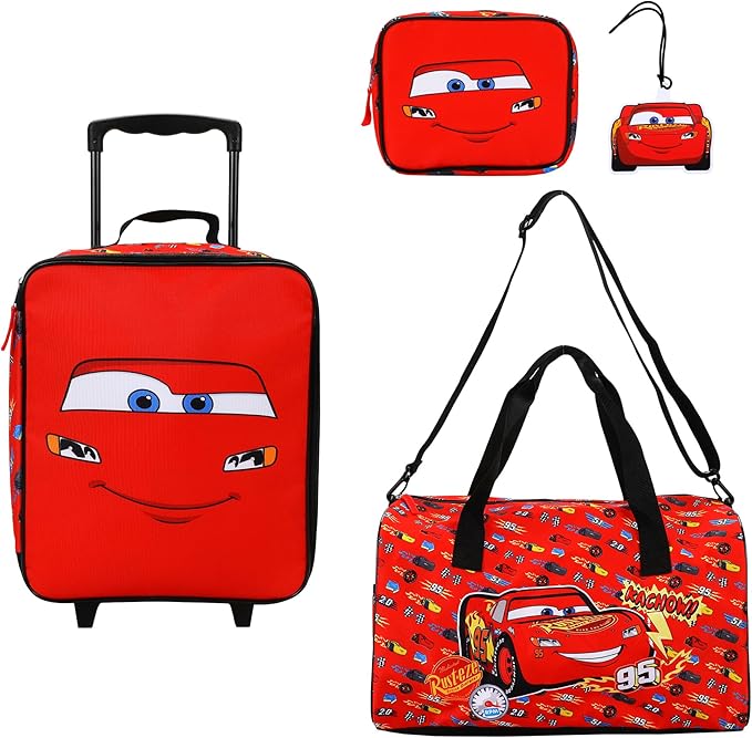 Bioworld Cars Lightning McQueen Kids' 4-Piece Travel Set With Suitcase, Duffle Bag, Toiletries Case, and Luggage Tag