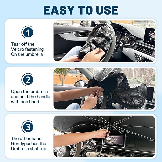 Windshield Sun Shade for Tesla Model 3 2018-2026, Umbrella Car Shades with 360°Rotating Shaft, Foldable Front Window Sunshade for UV & Heat Protection
