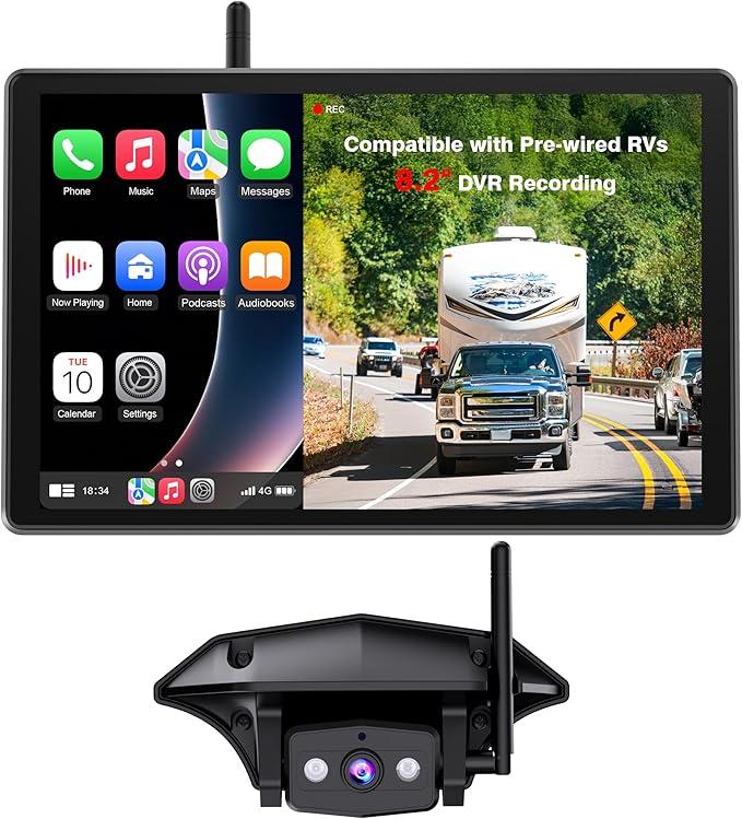 AUTO-VOX 8.2'' RV Backup Camera Wireless: Compatible with Pre-Wired RV, 1080P HD Monitor with CarPlay, Voice Control, IR Night Vision, DVR Recording Back Up Camera for Camper, Trailer, Motorhome