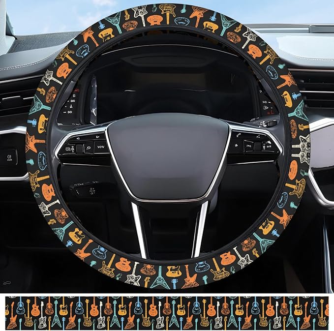 Elastic Car Steering Wheel Cover, Universal 15 inch Non-Slip Breathable Neoprene Steering Wheel Protector, Car Accessories for Women Men Fit Auto, Suvs, Truck Colorful Guitar Vibe