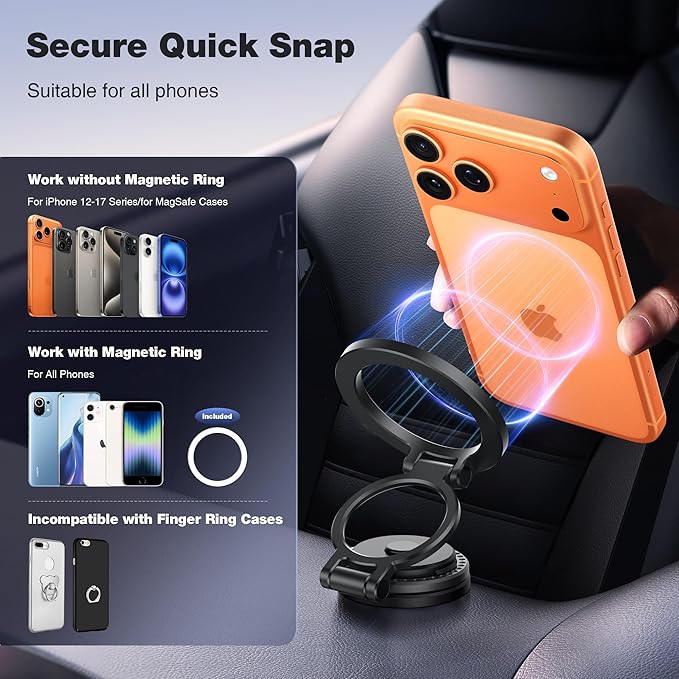 GolbinBox Car Phone Holder for MagSafe [360°Rotation] Metal Design iPhone Car Mount,Folding Car Mount [Detachable Base] Strong Magnetic Phone Holder for Car Dash,for iPhone 17 16 15 14 Pro Max, Black
