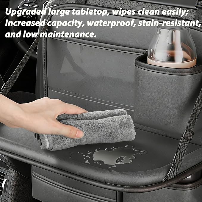 2 Pack Universal Premium Leather Foldable Car Backseat Organizer with Table Tray, Seat Back Protector with Touch Screen Pad Phone Holder, Car Storage Pockets Tissue Box with School Bags Hooks