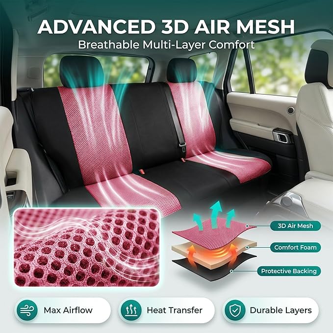 FH Group Automotive Rear Car Seat Covers for SUV, Trucks, Sedan and More - Universal Fit Rear Solid Bench Design Interior Accessories - 3D Mesh Fabric Center Panel - Burgundy
