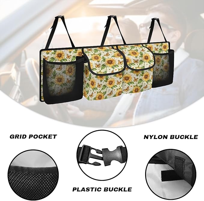 Sunflower Back Trunk Seat Organizer for SUV, Sedan, Van, Oxford Cloth, Equipped with Robust Elastic Net, Hanging Car Storage Organizer with Lids, Easy to Clean & Install In All Vehicles