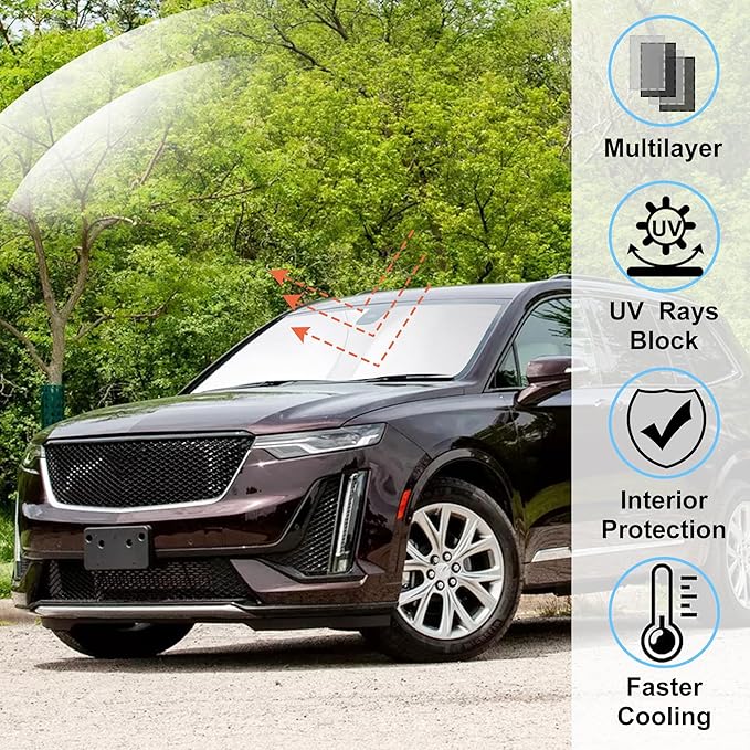 Windshield Sun Shade Custom Fit for 2020-2024 2025 Cadillac XT6 Accessories Foldable Sunshade Sun Blocker Protect Car from Sun Rays & Heat Damage Keep Car Cooler