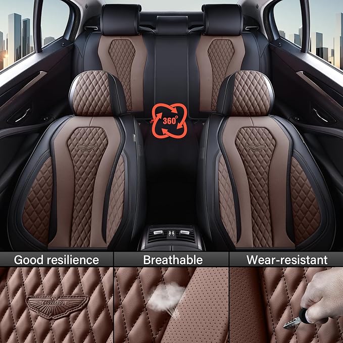 Coverado Car Seat Covers, Seat Covers Full Set, Coffee Car Seat Cover, Auto Seat Covers Front Seats Rear Seat Cover, Luxury Car Seat Cushion,Leather Seat Cover Seat Protector Universal Fit Most Cars