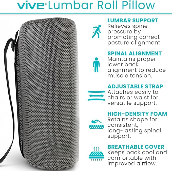 Vive Lumbar Roll Pillow for Lower Back Pain - Low Back Support Cushion for Office Chair, Car, Driving, Desk Computer - Ergonomic Portable Cervical Bolster for Thoracic Low Rest Posture Corrector(Soft)