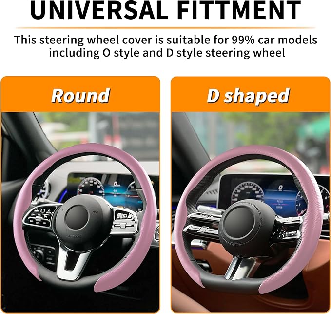 Nappa Leather Steering Wheel Cover, Universal 15 Inch Snap On Car Steering Wheel Cover for Men/Women, Comfortable & Breathable Microfiber Car Accessories Interior (Pink)