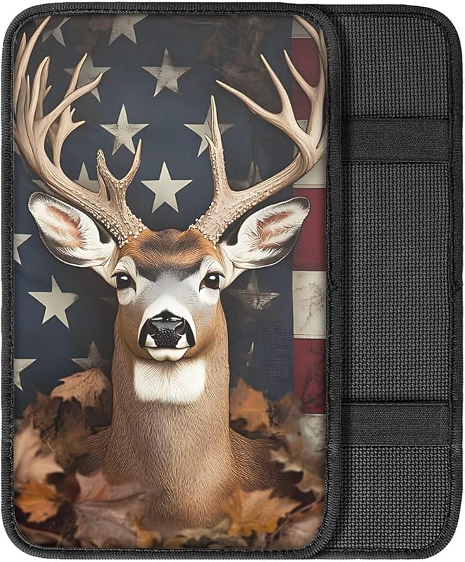 Suobstales Deer American Flag Leaves Print Car Armrest Pad Soft Center Console Arm Rest Protector Cover Universal Car Interior Accessories Decoration