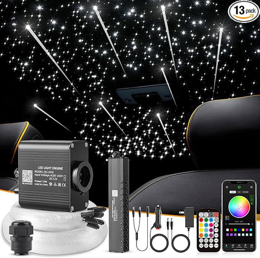 16W Meteor Twinkle LED Fiber Optic Lights, Bluetooth APP/Remote/Music Control RGBW Star Ceiling Light Kit+Adapter+Car Use Plug+Shooting Stars Light Kit, 550pcs*0.03in*9.8ft for Car/Home