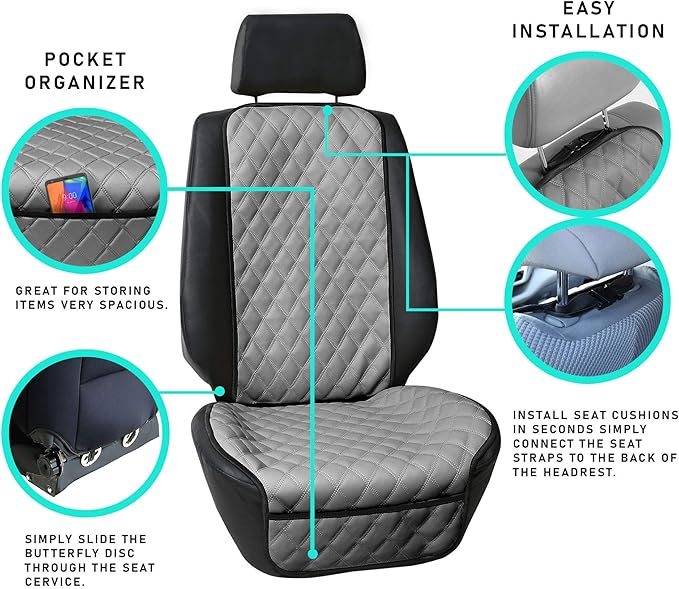 FH Group Car Seat Cushion – Faux Leather Single Front Seat Cover with Front Pockets, Airbag Compatible, Universal Fit Car Seat Cushion for Driver or Passenger Seat, SUV, Truck, Sedan & Van – Black