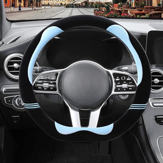 Furry Cute D Shaped Steering Wheel Cover, Soft Fluffy Short Plush Auto Accessories, Non-Slip Cold-Proof Sweat-Proof Colorfast, Universal 15 inch(Black with Blue)