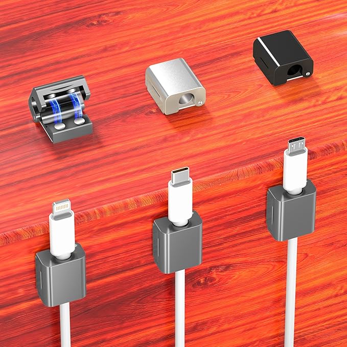 AGVEE 8 Pack Magnetic Cord Organizer Clips, 10mm Ultra-Thin Aluminum Cable Management Holder, 2 Pairs of Strong Magnets Keeper for Home Desk Office Gadgets Accessories, Residue-Free Tape, Dark Gray