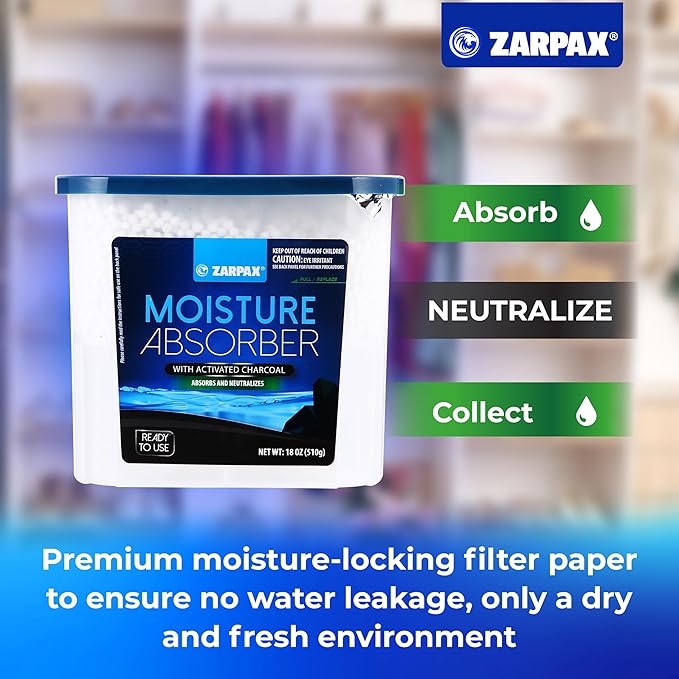 ZARPAX Moisture Absorber Activated Charcoal 18 oz/510g | Removes Moisture, Damp, Humidity & Odors | Odor Absorber | Moisture Trap for Bathroom, Closet, Kitchen & Small Spaces | Set of 4