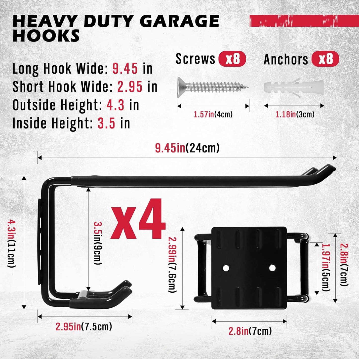 4-Piece 9.4" Heavy Duty Garage Hooks, Sturdy Utility Hooks Holds 55 LB Wall Mount Garden Tool Organizer Hangers for Hanging Shovel Ladder Chairs Strollers Power Tool Tire and More (Black)