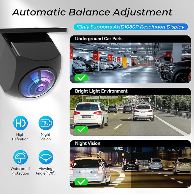 AHD 1080P Backup Camera for Car,170 Degree Wide Angle Rearview Reversing License Plate IP69K Waterproof Camera,Clear Night Vision Reverse Rear View Camera for Car Vehicle SUV RV