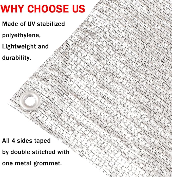 95% Sun Block Heavy Duty Aluminum Foil Shade Cloth with Grommets,12ft x 12ft, Mesh Sun Block Fabric Cover, Canopy, Privacy Screen for Outdoor Patio, Garden, Backyard, Silver