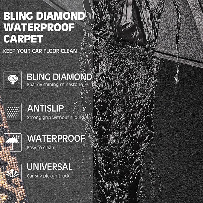 CAR PASS Bling Diamond Car Floor Mats, Shining Rhinestone Carpet Sparkly Glitter Crystal with Anti-Slip PVC Heel Pad Waterproof Universal Fit Automotive SUV,Sedan,Van,Cute Girl Women,4pcs Gold Leopard
