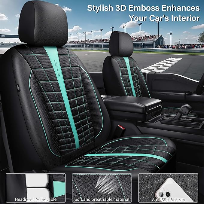 CAR PASS 3D Foam Mesh Leather Car Seat Covers Full Set, Breathable Premium Leather Seat Covers for Car,Anti Slip Universal Fit for Trucks Cars Sedans Vans SUVs, Airbag Compatible, Black Mint