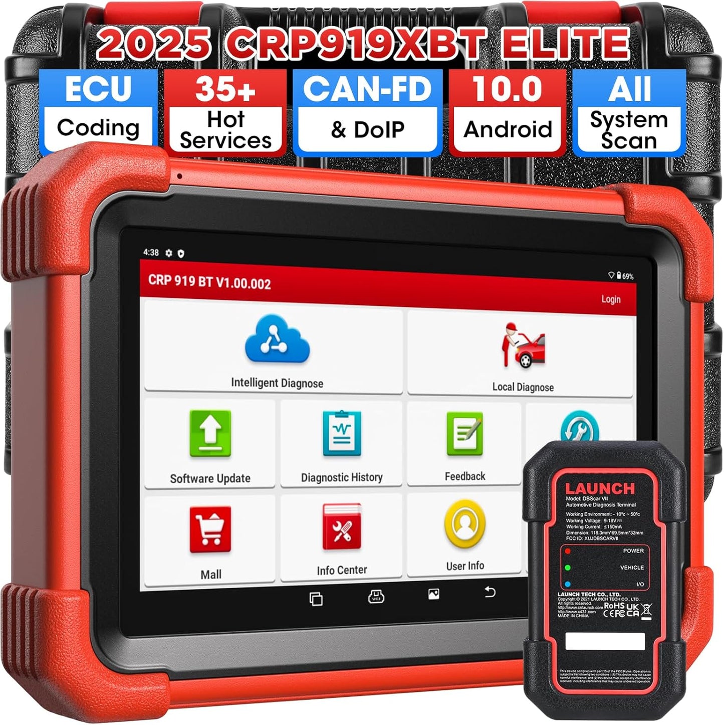 LAUNCH X431 CRP919XBT ECU Coding OBD2 Scanner, All System Bidirectional Scan Tool, 35+ Hot Services, CANFD DOIP FCA SGW, 150 Brands, Android 10, 2 Years Upgrades