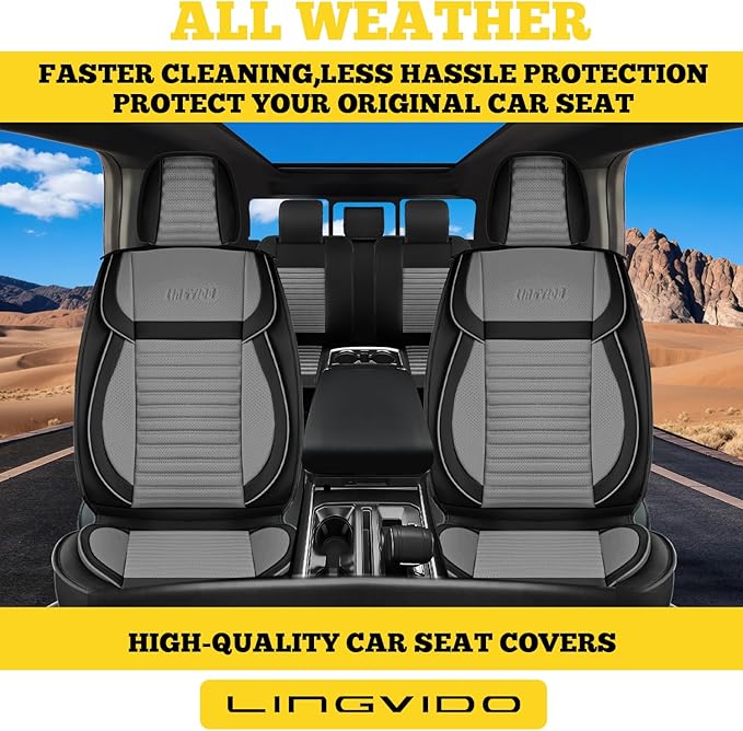 LINGVIDO Front Car Seat Covers, Faux Nappa Leather, Airbag Compatible and Waterproof Protectors for Sedans SUVs, Breathable Anti-Slip Interior for Commuters and Rideshare, Black/Gray