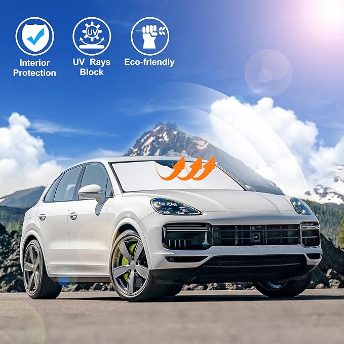 Windshield Sun Shade Custom Fit for 2019-2024 2025 Porsche Cayenne Accessories Foldable Sunshade Sun Blocker Protect Car from Sun Rays & Heat Damage Keep Car Cooler