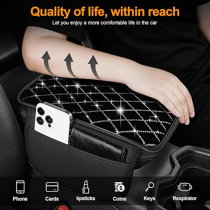 Bling Armrest Cover for Car Compatible with Jeep Wrangler - Center Console Cover with 2 Storage Pockets and Crystal Diamond(Black)