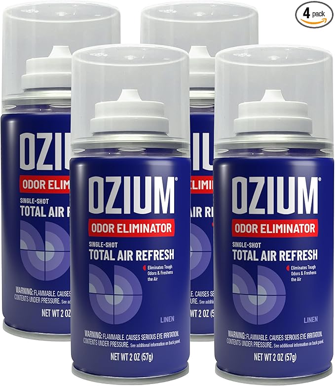 Ozium Air Sanitizer Odor Eliminator Spray, 2 oz Single Shot Total Air Refresh & Car Air Freshener - Linen - 4 Pack