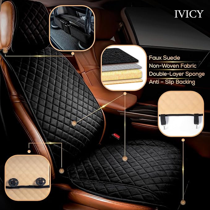 IVICY Faux Suede Front Car Seat Cover – Durable, Non-Slip Seat Protector for Cars – 1 Unit, Black