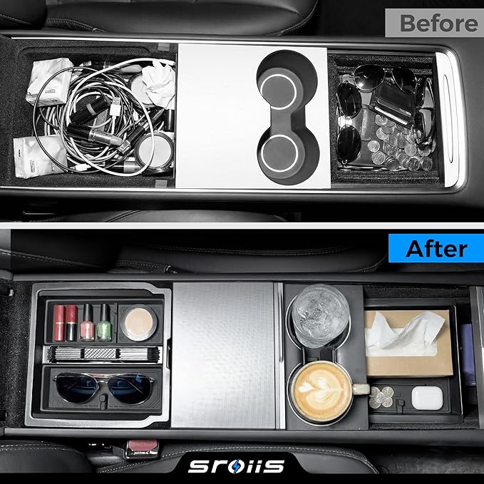 Sroiis® Gen 2 Double-Layer Center Console Organizer Set for Tesla Model 3 Highland Accessories (2024 2025 2026) True 2-Tier Storage System [ Upper Tray + Hidden Lower Compartment ] - 3PCS Jet Black