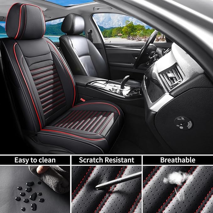 Car Seat Covers Full Set Fit for Toyota Corolla 2000-2025,2026, Premium Faux Leather Car Seat Protector,Breathable Anti-Slip Full Wrapping Edge Seat Covers(Black&Red,Full Set)