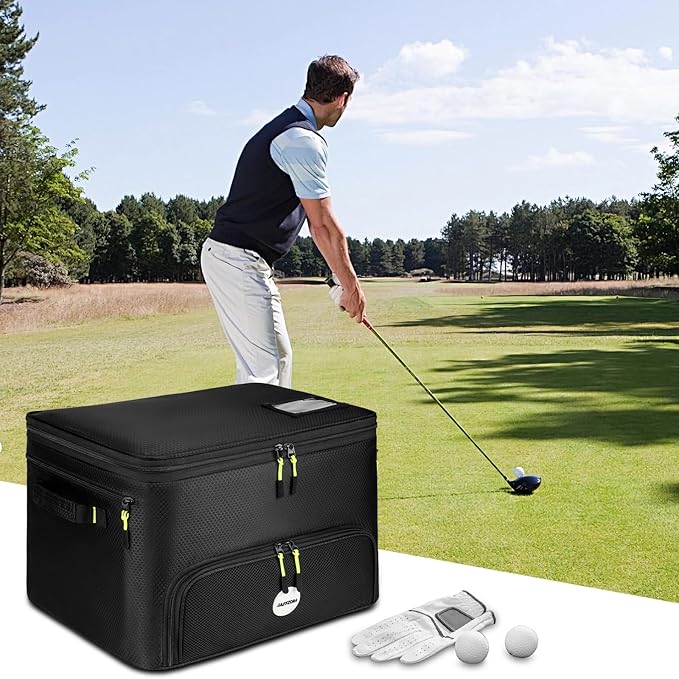 Golf Trunk Organizer, 2 Layers Golf Accessories Bag for Men, Waterproof Car Golf Storage Organizer with Compartment for 2 Pairs of Shoes, Golf Gifts for Men Women, Black