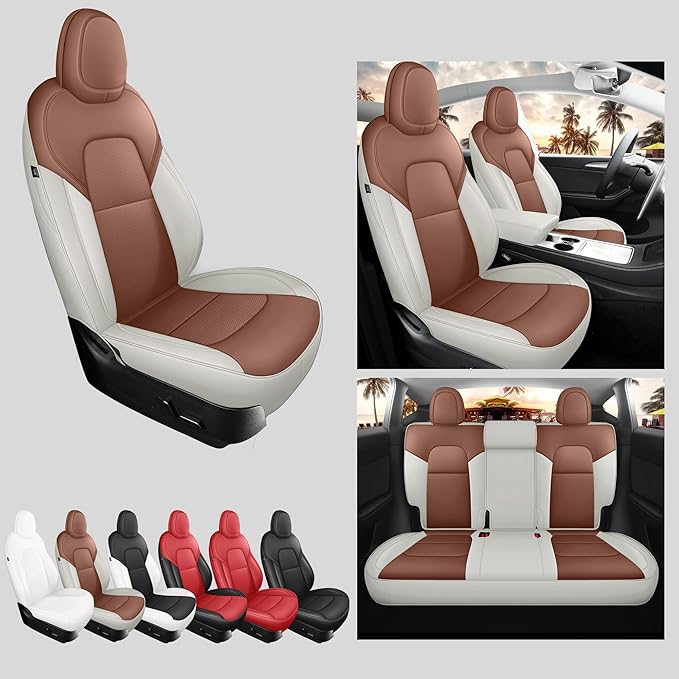 for Tesla Model Y Seat Covers 2020-2024 Nappa Leather Car Interior Seat Compatible with Airbag Cushion Cover 5 Seats (TY-Brown&Beige)
