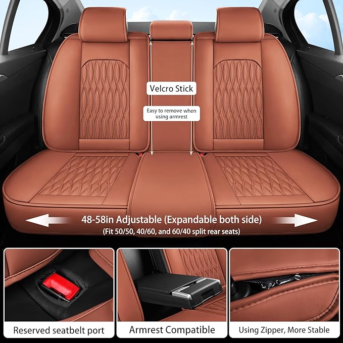 WELLDO Car Seat Covers Full Set, Leather Seat Covers for Car, Waterproof Car Seat Protector with Lumbar Support, Automotive Seat Covers Universal Fit for Most Cars SUV Truck, Brown